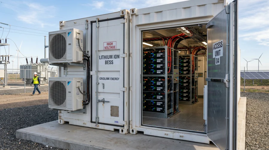 Container de stocare a energiei instalat lângă o hală industrială