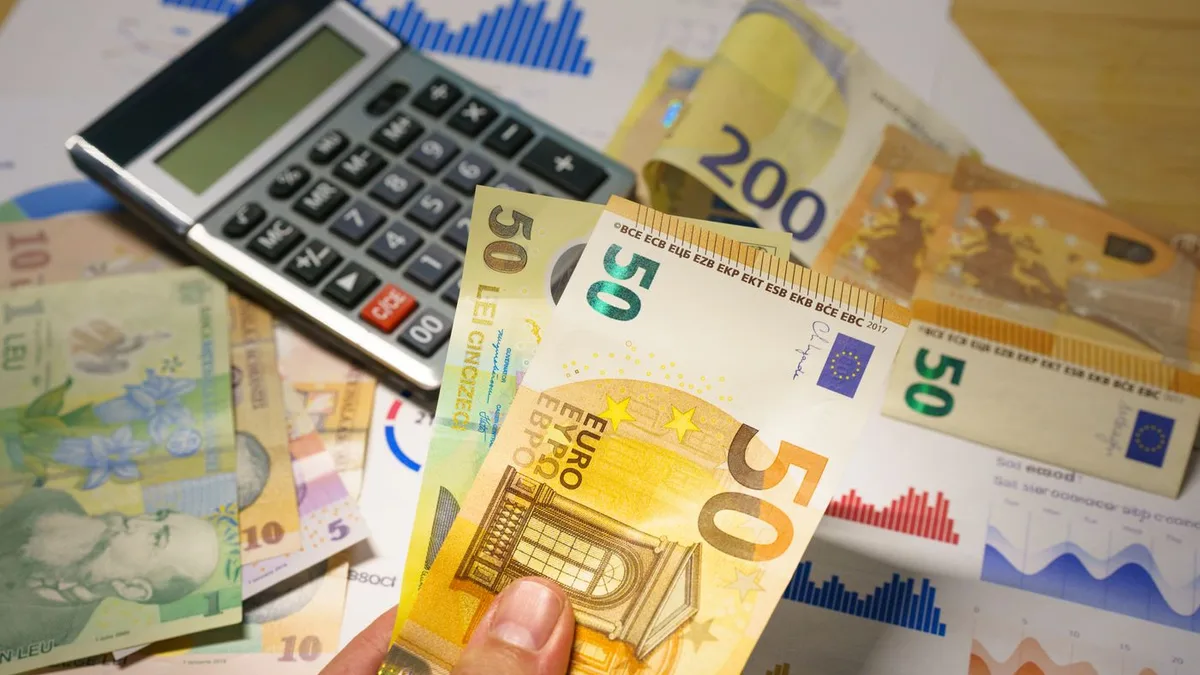 Calculul amortizării unui sistem fotovoltaic - bancnote euro și leu românesc lângă un calculator
