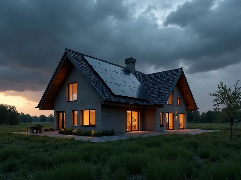 Casă cu panouri fotovoltaice pe acoperiș, sub nori de furtună
