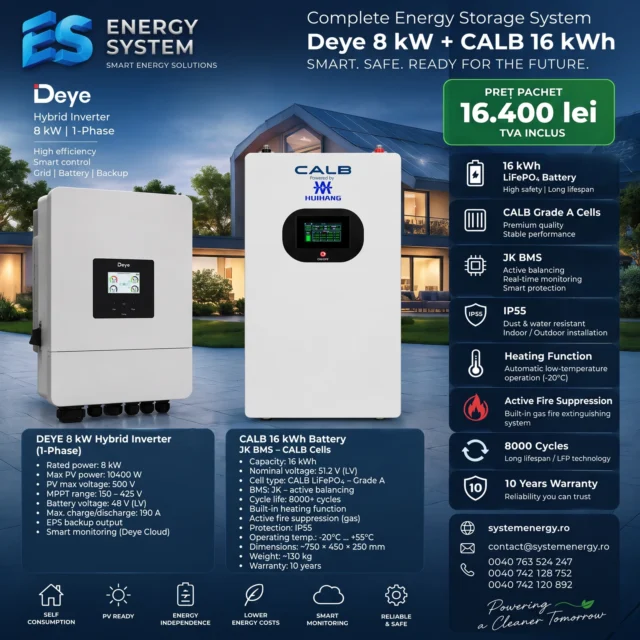 Invertor DEYE 8kWp Monofazat LV + Acumulator CALB 16kWh