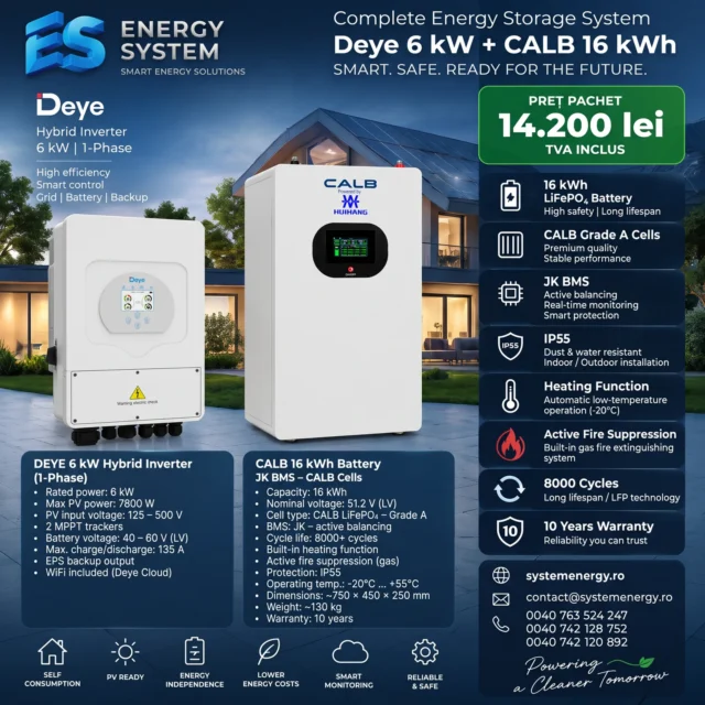 Pachet Hibrid Fotovoltaic Deye 6 kW Monofazat + Baterie CALB 16 kWh - Sistem Complet cu Backup Automat